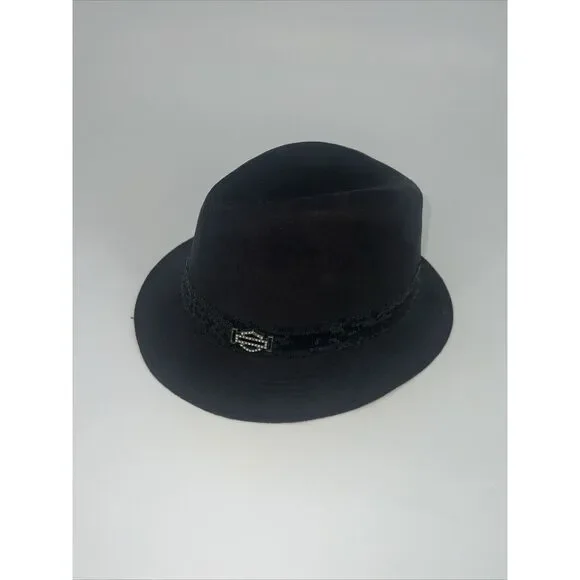 Harley Davidson Black Fedora W/ Sequin Size S 2012 Suede Look‎ NWT